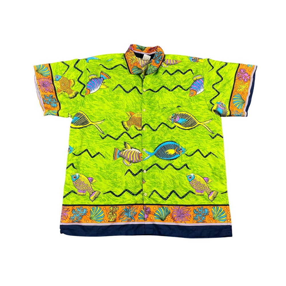 Rima Mens XL Tropical Fish Coral Reef Print Shirt Lime Green Terivoile Button Up